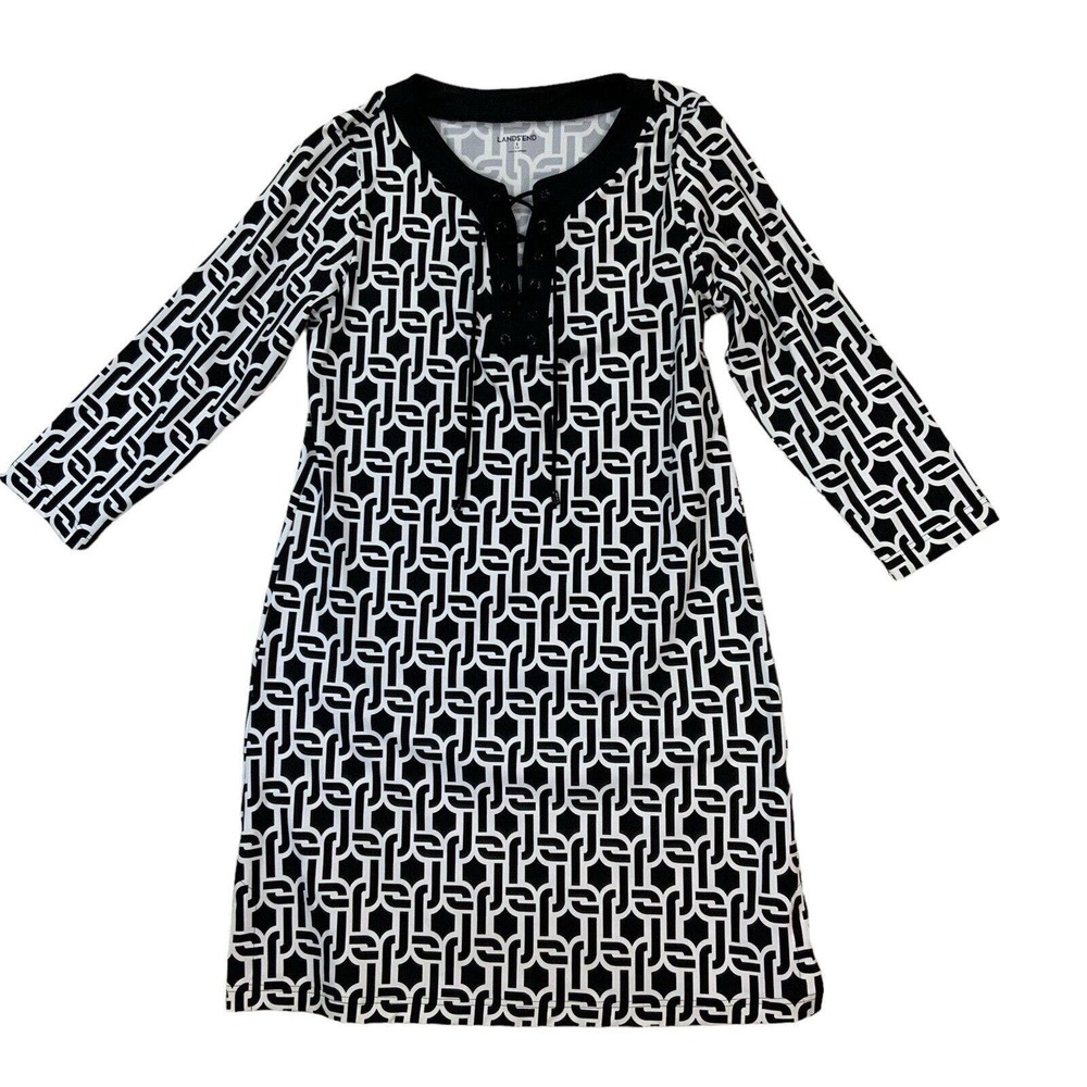 Lands' End Women’s Size Small Black White Lace Up Chest Geometric‎ Dress